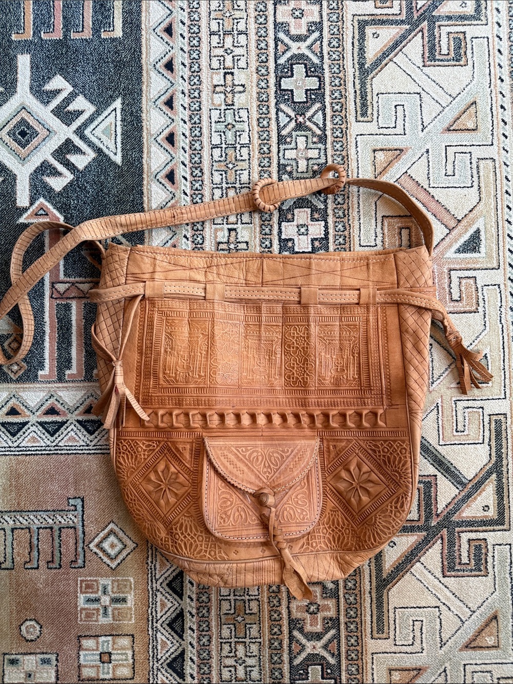 Vintage Moroccan Hand-Tooled Boho Tan Leather Crossbody Bag
